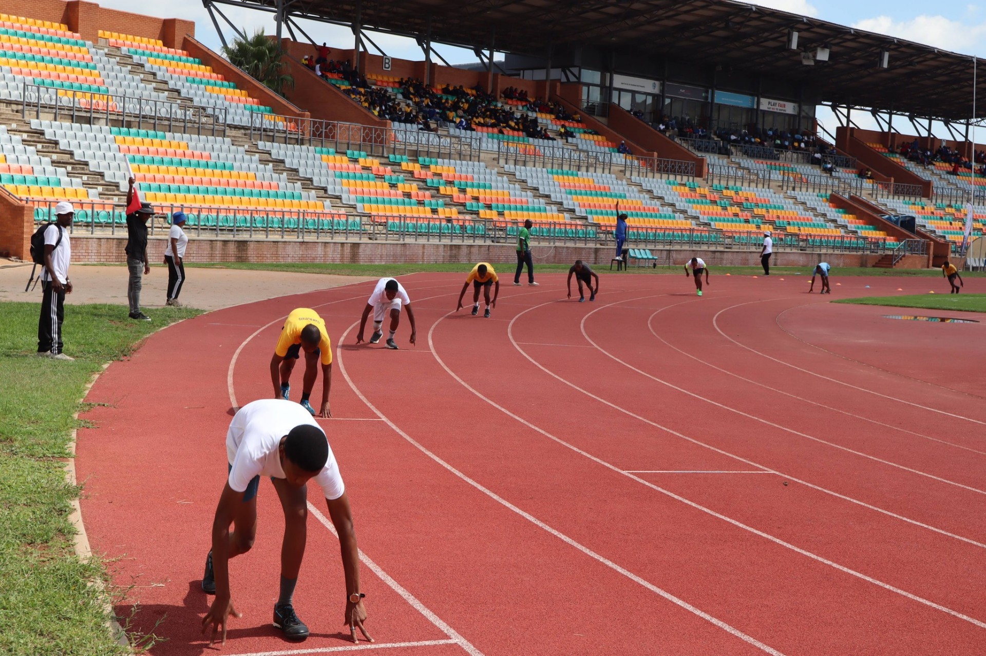 Highridge athletes on the starting blocks at the track meet